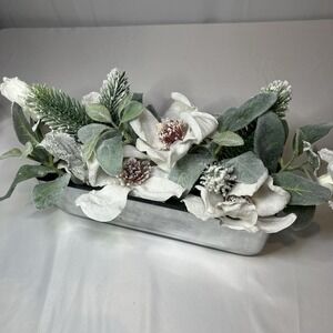 Christmas Magnolia Table Centerpiece Silver Planter Frosted Foliage $75 Winter